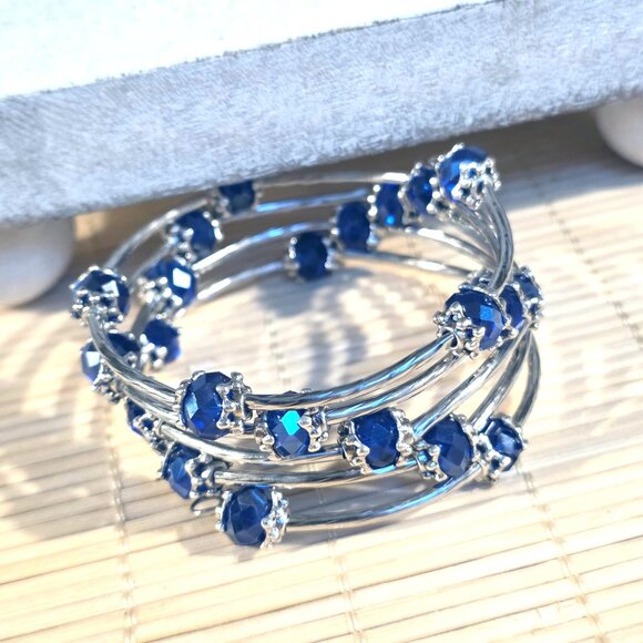 Handcrafted Crystal Wrap Bracelet With Blue Faceted Beads - Picture 5 of 7